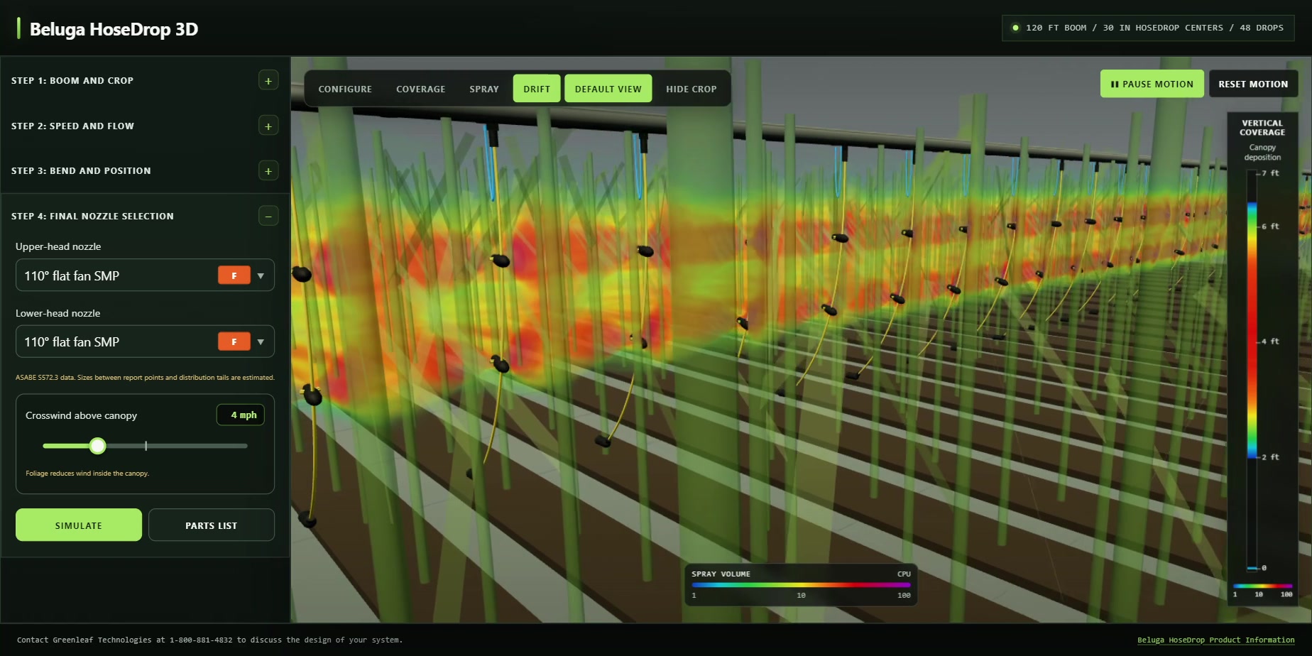 Beluga HoseDrop 3D full-boom simulation with motion through the crop
